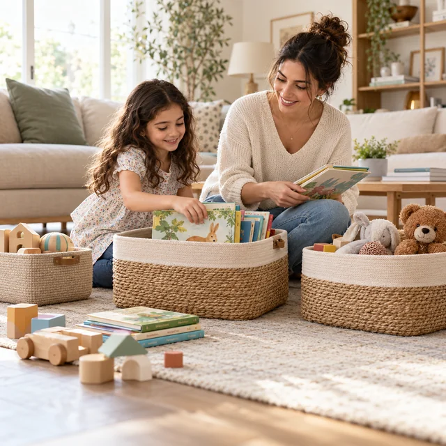 Anne ve çocuğun oyuncakları ve kitapları saklama sepetlerine birlikte yerleştirdiği düzenli ev