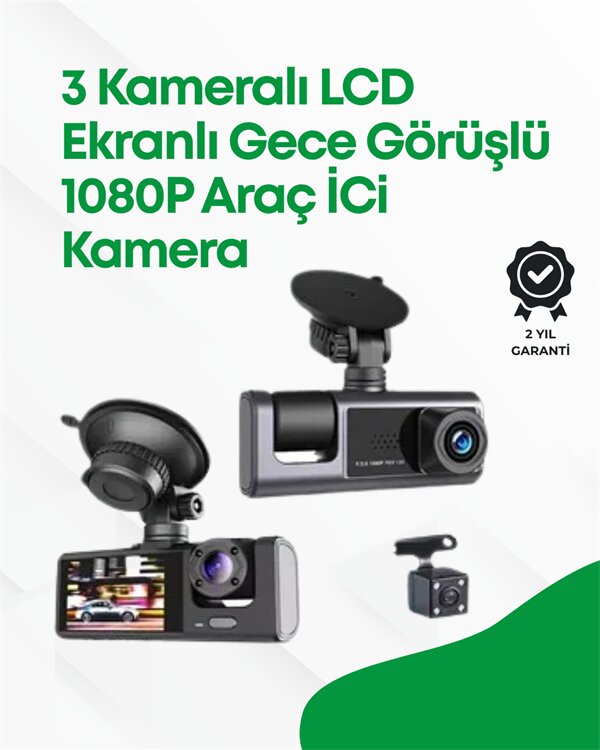 2.0” LCD Ekranlı Döngüsel Kayıt Özellikli Üç Kameralı Oto Kamera